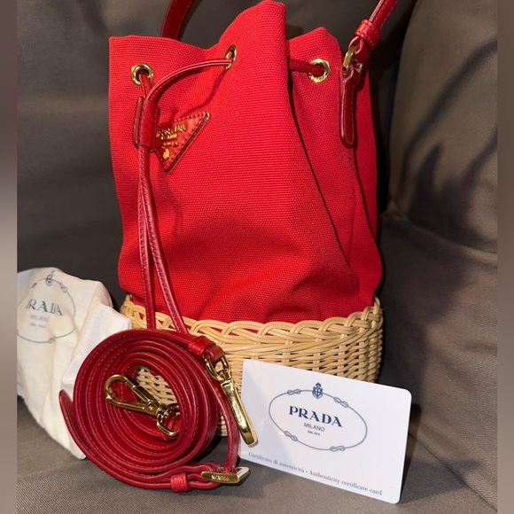 Prada mixed canvas and wicker hand or crossbody bag. - Picture 4 of 9